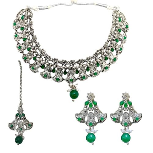 ACCESSHER Antique Design Oxidised Silver Necklace Set | Colored Stone Leaf Motif, with Earrings & Maangtikka | Lightweight & Stylish Jewellery for Women & Girls (Green) - Image 1