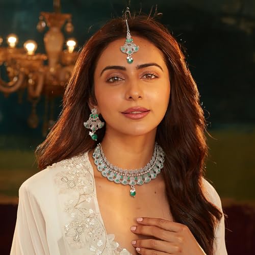 ACCESSHER Antique Design Oxidised Silver Necklace Set | Colored Stone Leaf Motif, with Earrings & Maangtikka | Lightweight & Stylish Jewellery for Women & Girls (Green) - Image 2