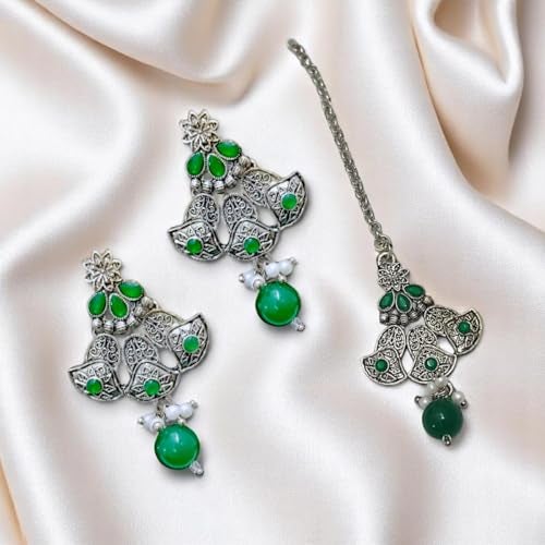 ACCESSHER Antique Design Oxidised Silver Necklace Set | Colored Stone Leaf Motif, with Earrings & Maangtikka | Lightweight & Stylish Jewellery for Women & Girls (Green) - Image 4