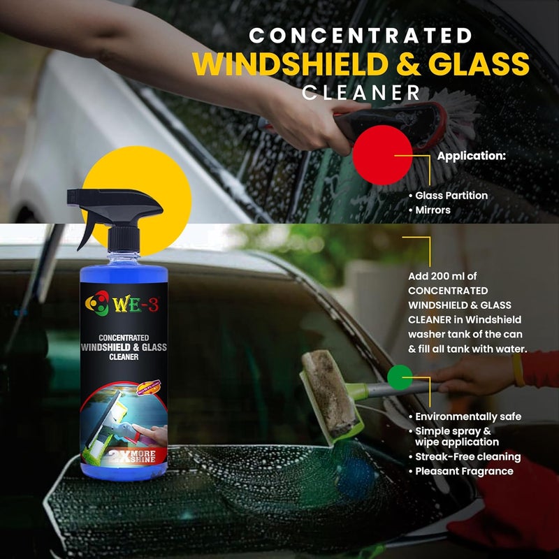 we3 منظف زجاج السيارة WE-3 - منظف زجاج مركز متعدد الأغراض، لمعان خالي من الخطوط، صيغة مضادة للضباب، ملمع سطح الزجاج، لمعان زجاج السيارات (500 مل) - Image 3
