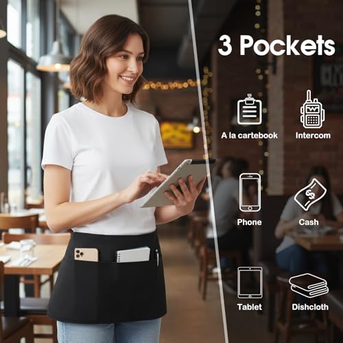 BOHARERS Cotton Server Aprons 3 Pack Waiter Waitress Apron Short Apron with Pockets Restaurant BBQ 12 Inch Black - Image 3