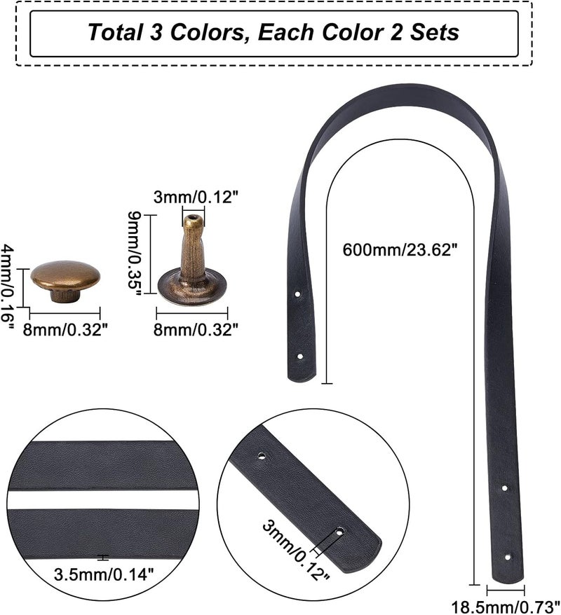 كلاراكو مجموعة من 6 مقابض حقائب جلدية من كلاركو، 3 ألوان من أحزمة حقائب اليد المصنوعة من جلد البولي يوريثان مع مسامير بمقبض يدوي الصنع وحزام بديل لحقيبة الكتف 23.6 بوصة لمستلزمات صنع الحقائب بنفسك (فتحة: 3 مم) - Image 4