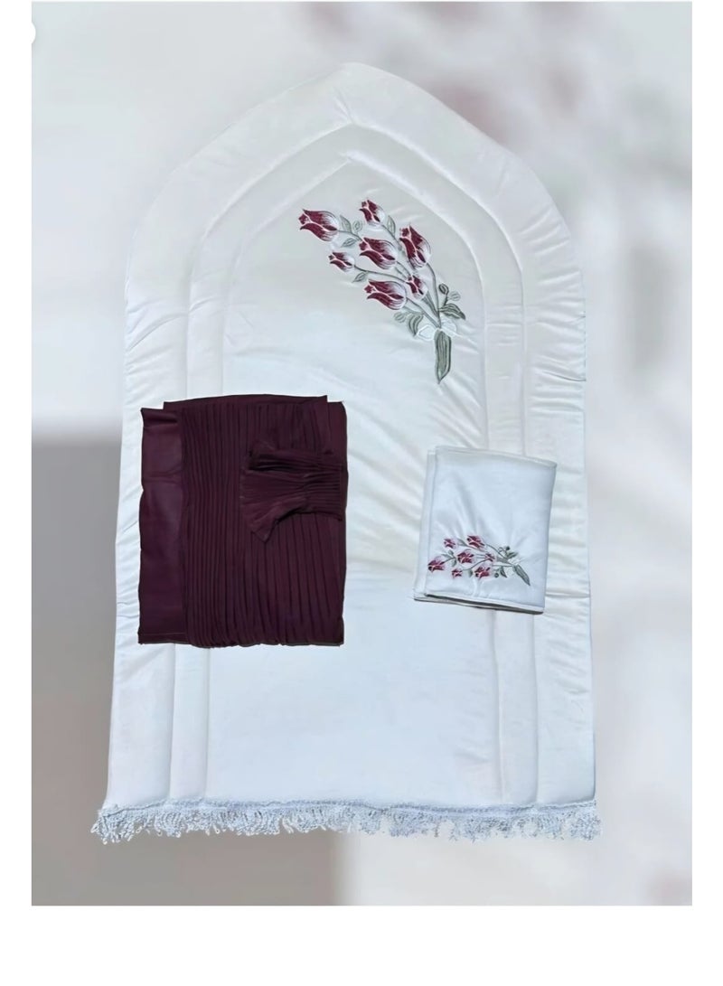 Embroidered padded foam prayer rug with matching prayer shawl, excellent cool material