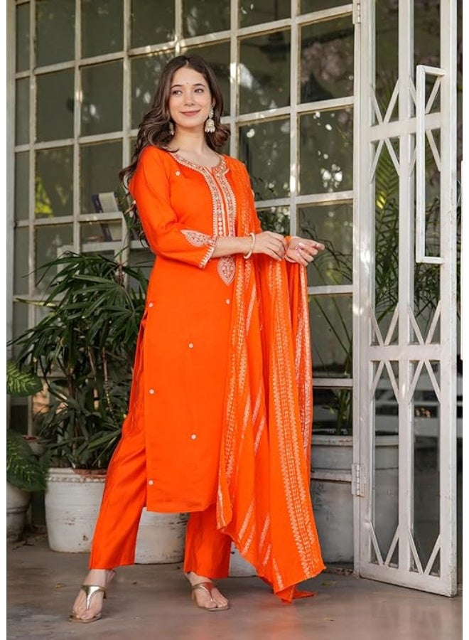 Yashika Women Embroidered Viscose Chanderi Fabric Straight Kurta, Pant and Dupatta Set | Kurta Ser for Women|Orange|M - Image 3