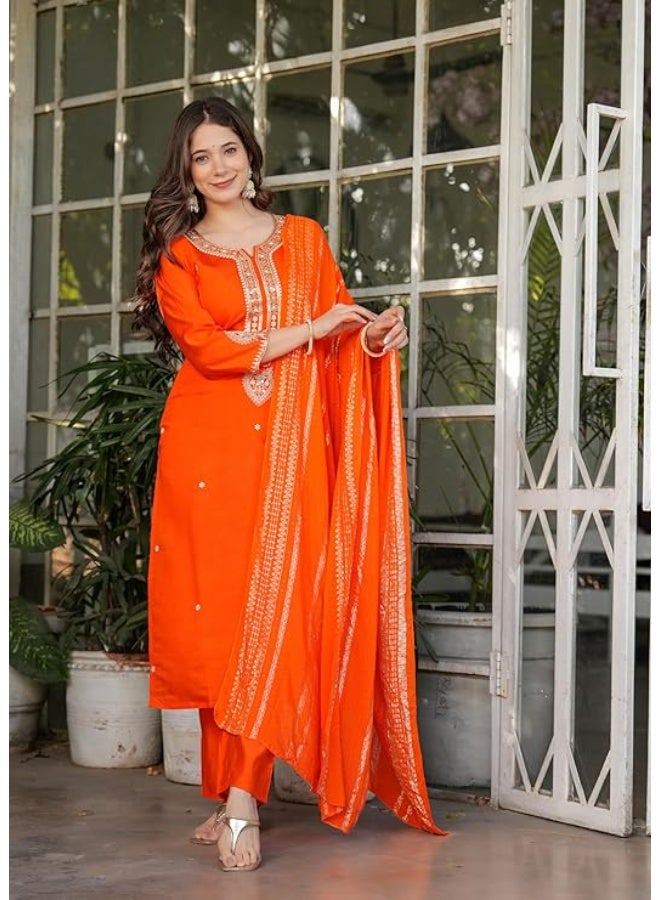 Yashika Women Embroidered Viscose Chanderi Fabric Straight Kurta, Pant and Dupatta Set | Kurta Ser for Women|Orange|M - Image 2