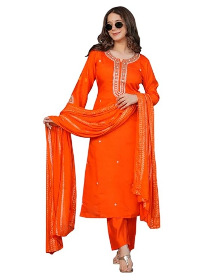 Yashika Women Embroidered Viscose Chanderi Fabric Straight Kurta, Pant and Dupatta Set | Kurta Ser for Women|Orange|M - Image 1