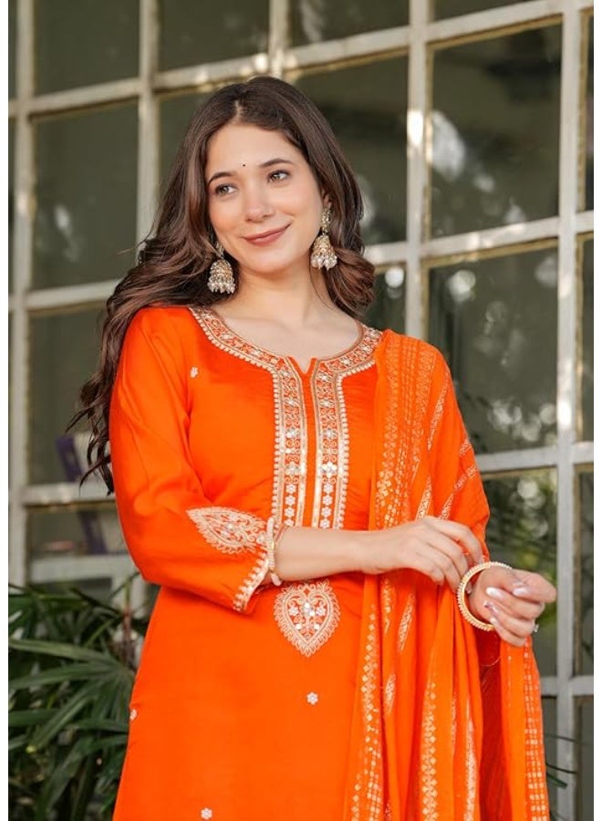 Yashika Women Embroidered Viscose Chanderi Fabric Straight Kurta, Pant and Dupatta Set | Kurta Ser for Women|Orange|M - Image 4