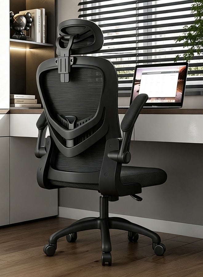كرسي مكتب إيرغونومي مع مساندة ذراعية قابلة للتعديل ثلاثية الأبعاد ، كرسي الدراسة مع دعم القطن والعجلات ، كرسي الكمبيوتر عالي الظهر القابل للتعديل ، كراسي المكتب المنزلية للمنزل والمكتب (V3 - الأسود) - Image 1