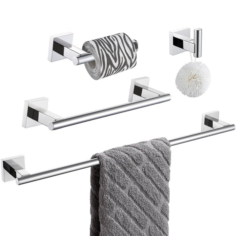 Suyar Bathroom Accessories Set Polished Chrome SUS 304 Stainless Steel Bathroom Hardware Set 4 Pieces Include Robe Hook Toilet Paper Holder Hand Towel Holder Towel Bar Wall Mounted