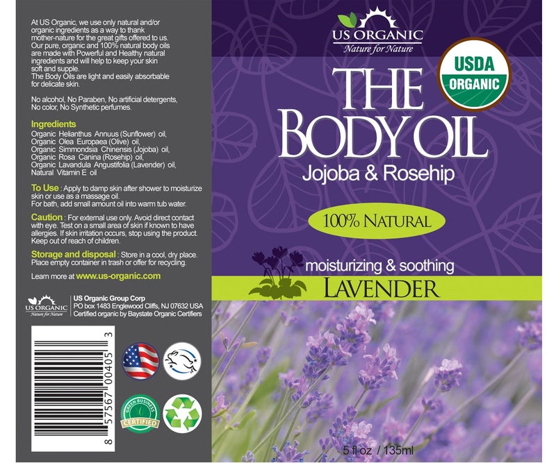 US Organic Body Oil - Elegant Lavender - Jojoba and Rosehip Oil with Vitamin E, Certified Organic, No Alcohol, Paraben, Artificial Detergents, Color or Synthetic perfumes, 5 Fl.oz. (Lavender) - Image 2