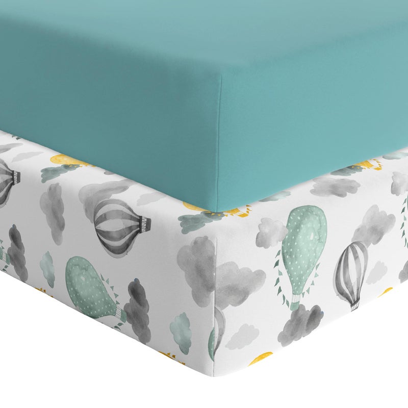 Featherhead 2Pack Fitted Crib Sheets  100 Cotton  52 x 28 x 9 for Standard Crib and Toddler Mattress Percale Green Balloons
