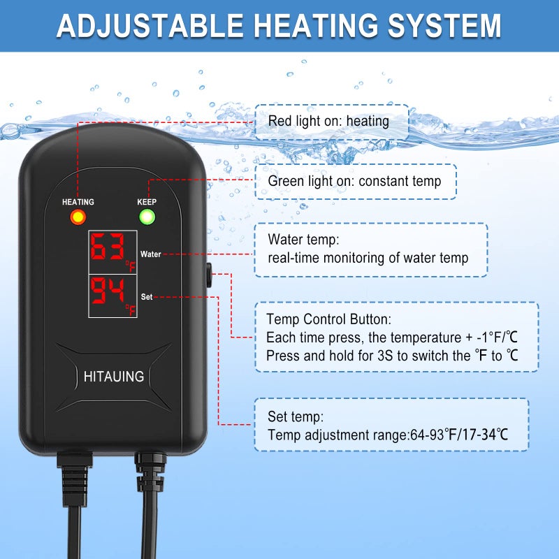 HiTauing Aquarium Heater, 200W Fish Tank Heater with LED Digital Display & 5 Safety Protection, Submersible Aquarium Heater with 2 Suction Cup and 5.9Ft Cord for 20-40 Gallon Fish Tank. - Image 4