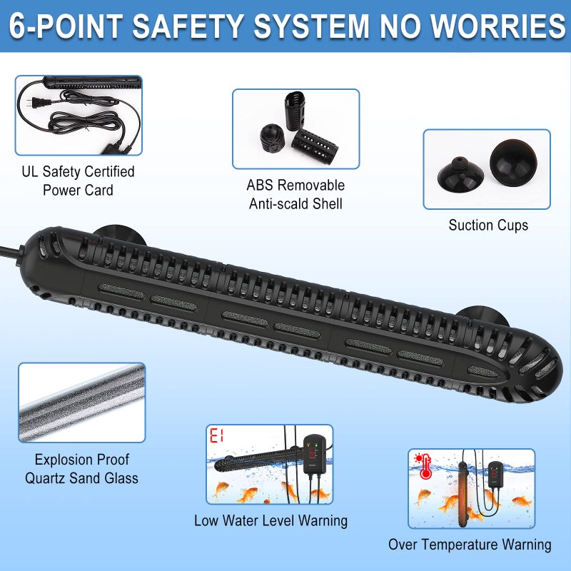 HiTauing Aquarium Heater, 200W Fish Tank Heater with LED Digital Display & 5 Safety Protection, Submersible Aquarium Heater with 2 Suction Cup and 5.9Ft Cord for 20-40 Gallon Fish Tank. - Image 3