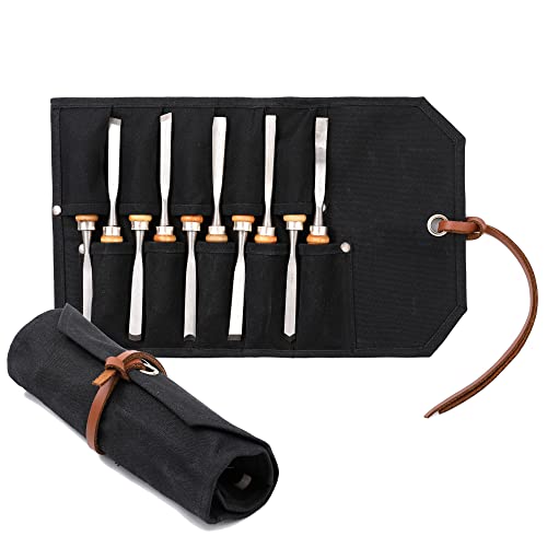 Kaaltisy Canvas Tool Pouch Heavy Duty 16oz Waxed Canvas Chisel Organizer with Tie Rope MultiPurpose Tool Roll Up Bag with 10 Pockets Black - Image 1