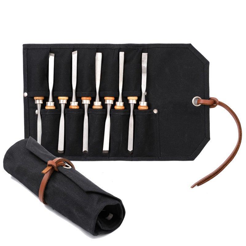 Kaaltisy Canvas Tool Pouch Heavy Duty 16oz Waxed Canvas Chisel Organizer with Tie Rope MultiPurpose Tool Roll Up Bag with 10 Pockets Black - Image 2