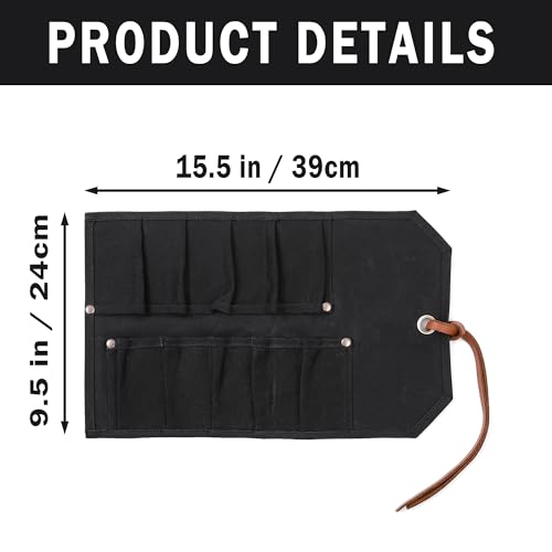 Kaaltisy Canvas Tool Pouch Heavy Duty 16oz Waxed Canvas Chisel Organizer with Tie Rope MultiPurpose Tool Roll Up Bag with 10 Pockets Black - Image 3