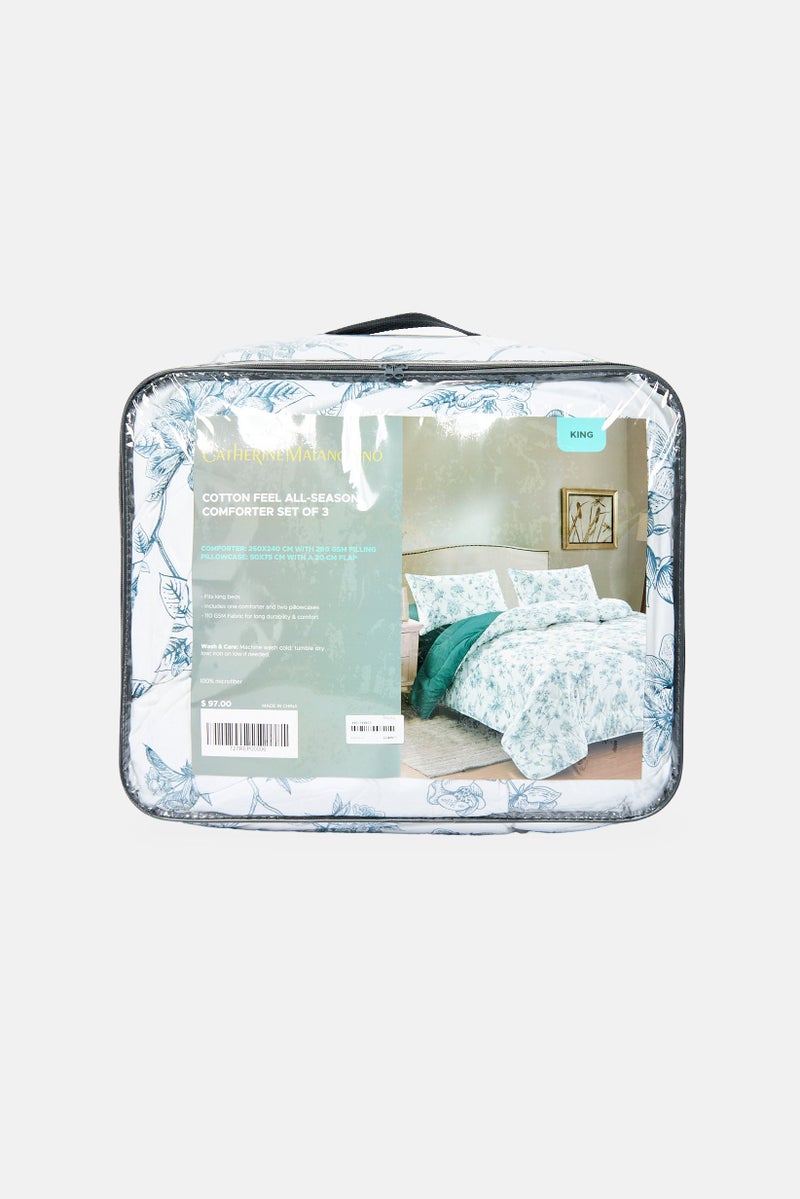 Catherine Malandrino King 3Pcs Floral Print Cotton Feel All-Season Comforter Set, Blue - Image 1