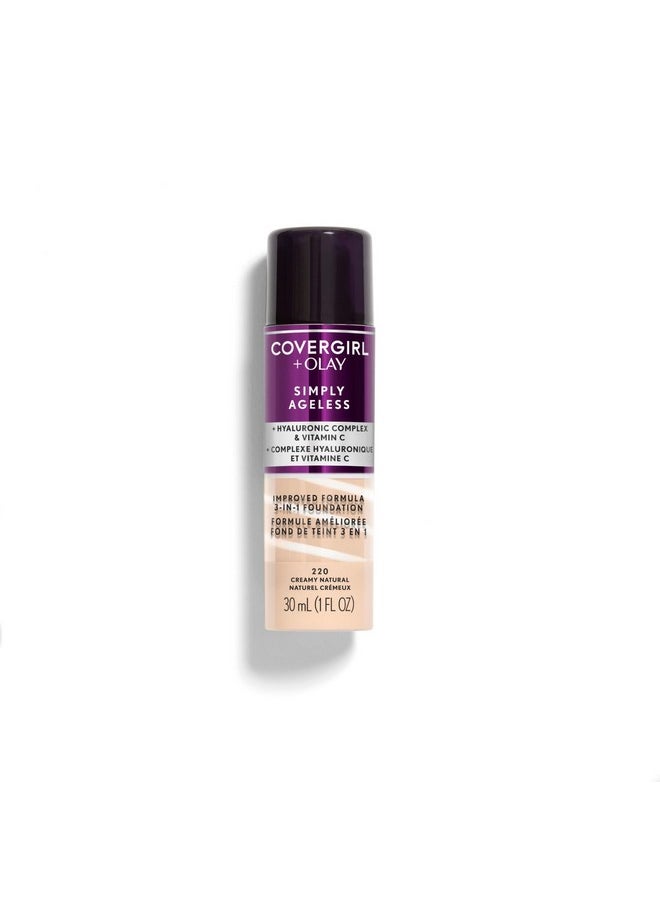 كفر جيرل كريم أساس سائل 3 في 1 من CoverGirl & Olay Simply Ageless، لمسة نهائية غير لامعة، تركيبة حمض الهيالورونيك وفيتامين سي، خالٍ من القسوة، كريمي طبيعي، عبوة واحدة  - Image 1