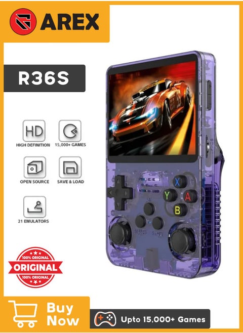 R36S Portable Handheld Video Game Console with 10000+ Classic Games, 3.5 Inch HD IPS Screen, Open-Source Retro Linux System, Support HDMI TV Output (Transparent Purple, 64GB)