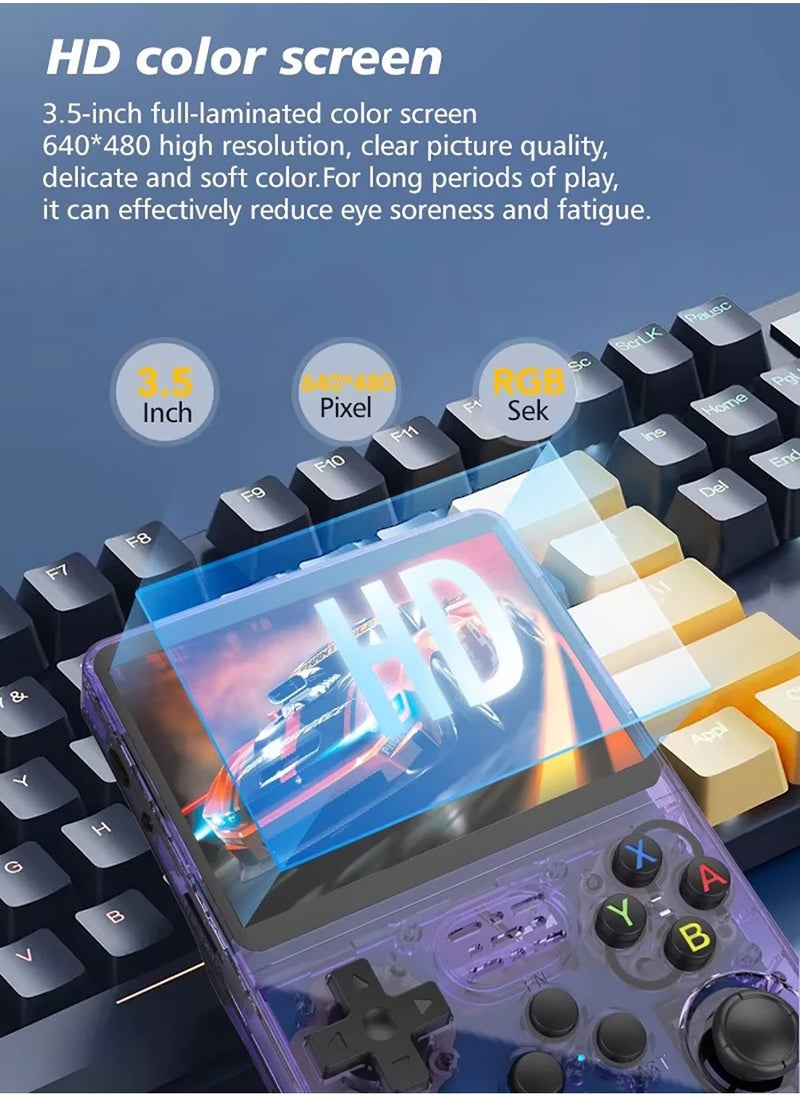 R36S Portable Handheld Video Game Console with 10000+ Classic Games, 3.5 Inch HD IPS Screen, Open-Source Retro Linux System, Support HDMI TV Output (Transparent Purple, 64GB)