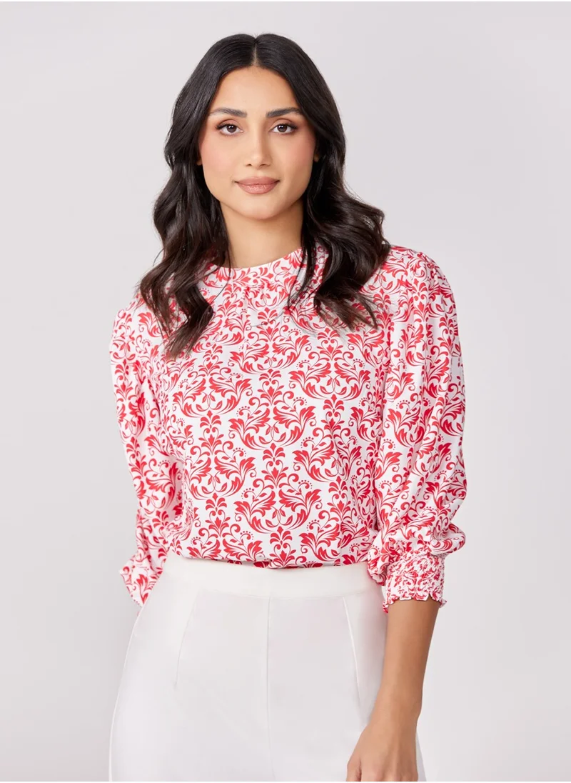 Zigzag Sleeve Detailed Red Printed Chiffon Top