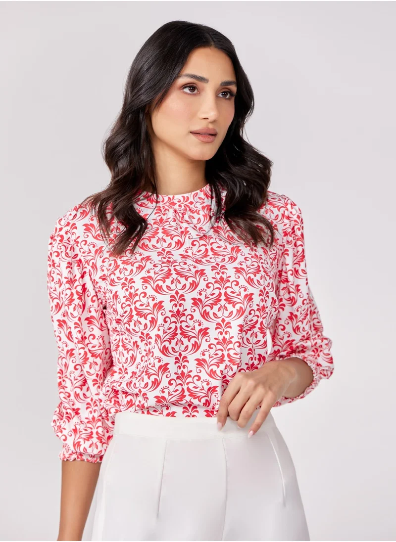 Zigzag Sleeve Detailed Red Printed Chiffon Top