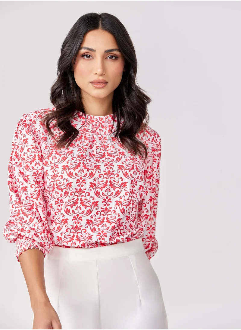Zigzag Sleeve Detailed Red Printed Chiffon Top