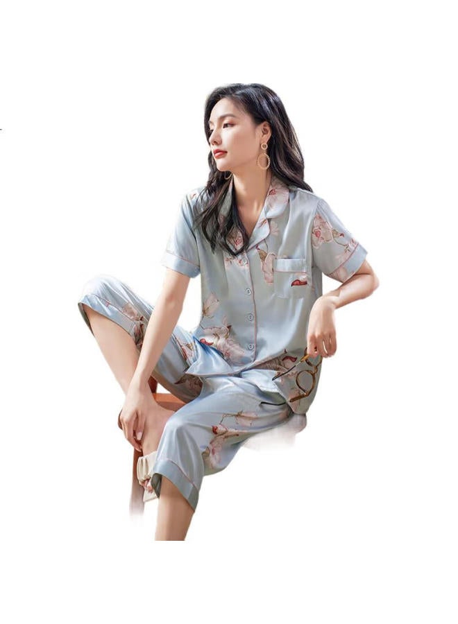 Xulen Women'S Thin Ice Silk Short Sleeve Seven-Point Pants Summer Home Wear Set 61679 Light Blue M (160) - Image 3