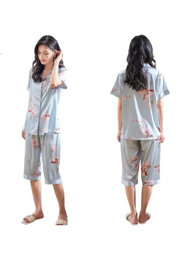 Xulen Women'S Thin Ice Silk Short Sleeve Seven-Point Pants Summer Home Wear Set 61679 Light Blue M (160) - Image 1
