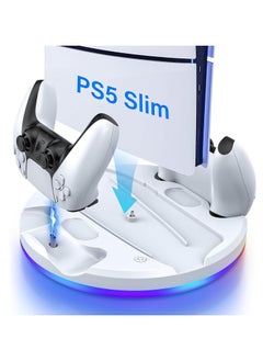 PS5 slim stand and dual controller charging Station for PS5 Slim Console Disc Digital Edition, PS5 Holder Base Accessory Screw, White