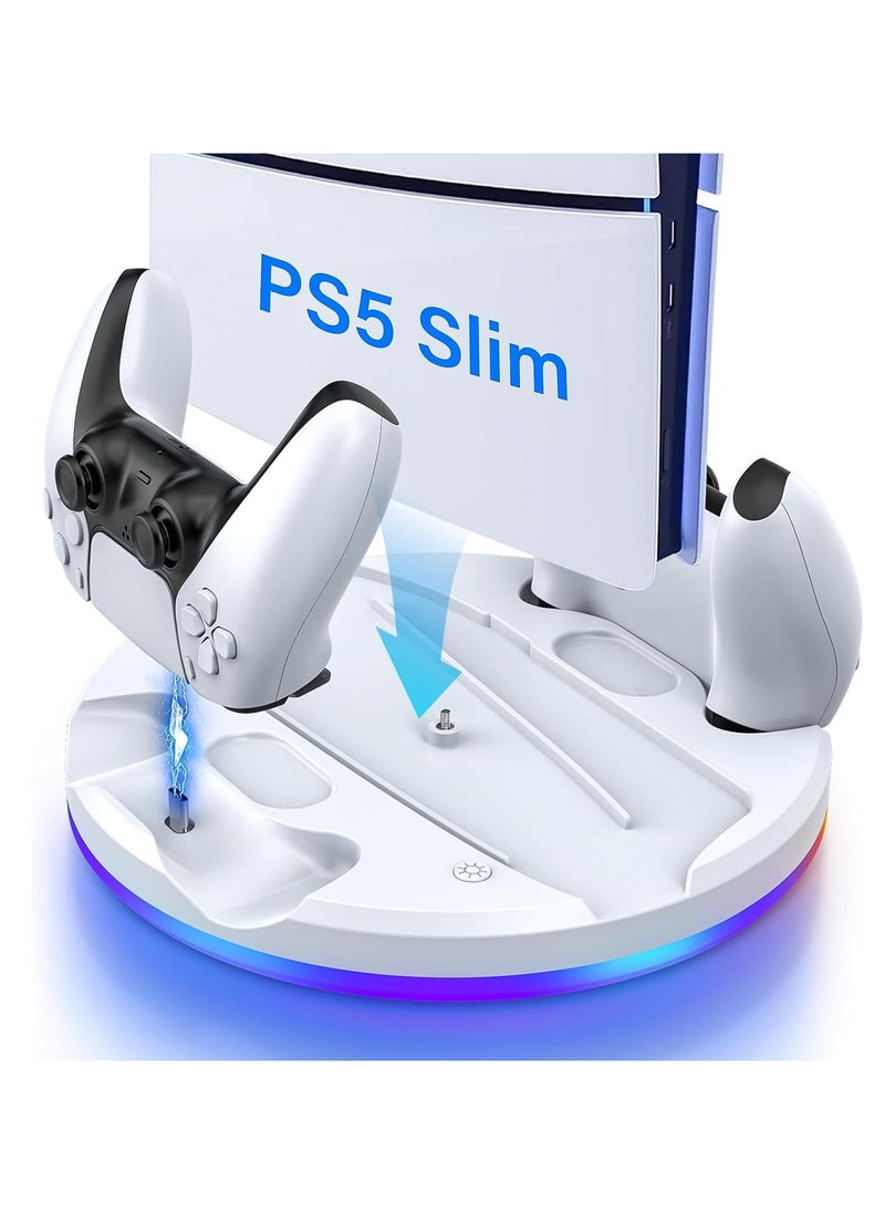 JYS - PS5 slim stand and dual controller charging Station for PS5 Slim Console Disc Digital Edition, PS5 Holder Base Accessory Screw, White - Image 1
