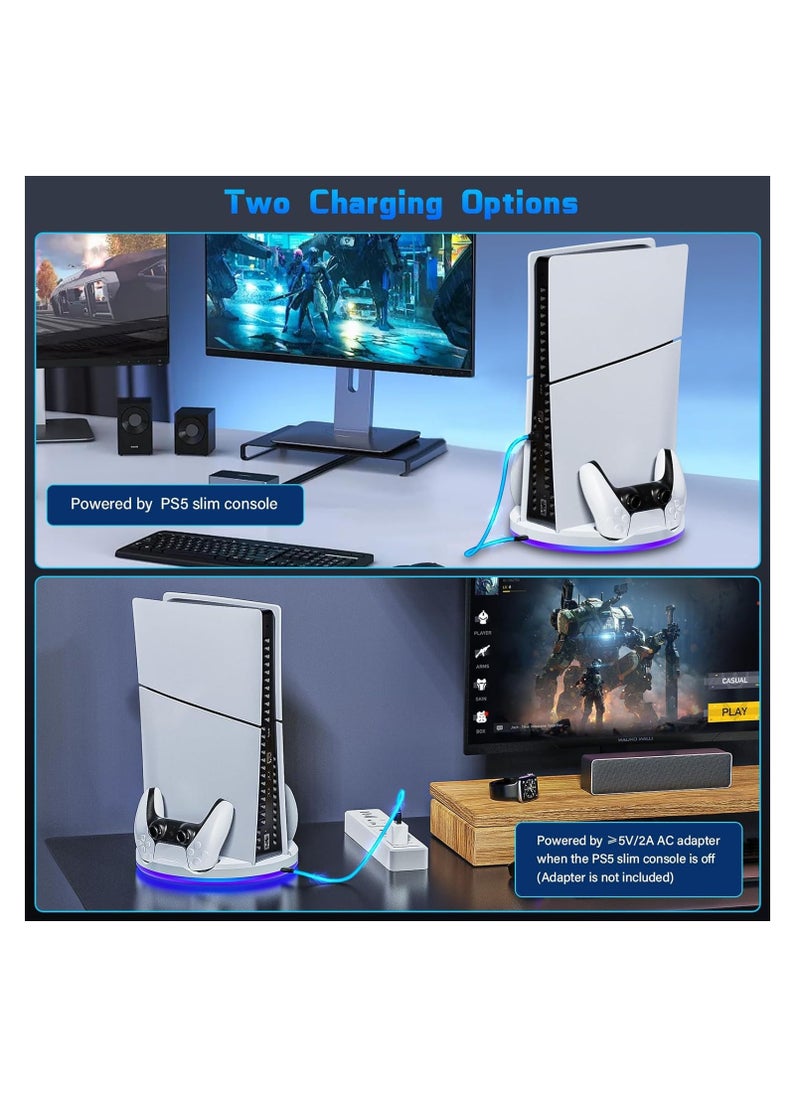 JYS - PS5 slim stand and dual controller charging Station for PS5 Slim Console Disc Digital Edition, PS5 Holder Base Accessory Screw, White - Image 1