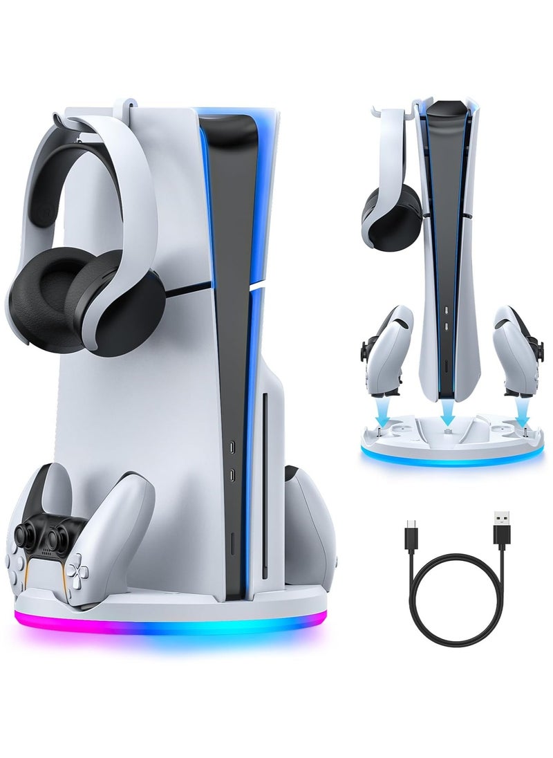 JYS - PS5 slim stand and dual controller charging Station for PS5 Slim Console Disc Digital Edition, PS5 Holder Base Accessory Screw, White - Image 1
