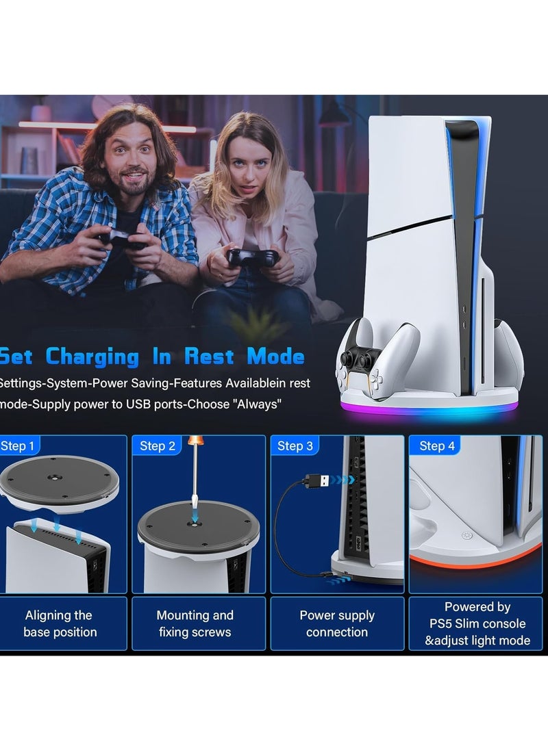 JYS - PS5 slim stand and dual controller charging Station for PS5 Slim Console Disc Digital Edition, PS5 Holder Base Accessory Screw, White - Image 1