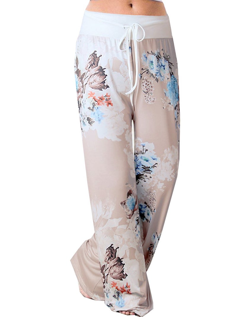iChunhua Women's Pajama Comfy Floral Print Lounge Drawstring Palazzo Long Wide Leg Pants M Grey - Image 1