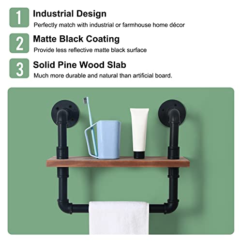 HouseAid Industrial Pipe Shelf with Towel Bar, 15-3/4 Inch Farmhouse Iron Pipe Shelving, Rustic Vintage Style Floating Shelves for Bathroom, Wall Mounted, Matte Black - Image 4