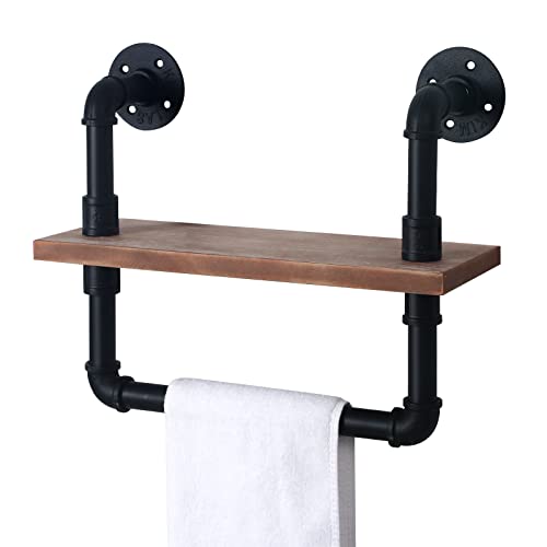HouseAid Industrial Pipe Shelf with Towel Bar, 15-3/4 Inch Farmhouse Iron Pipe Shelving, Rustic Vintage Style Floating Shelves for Bathroom, Wall Mounted, Matte Black - Image 1