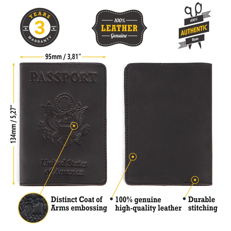 Shvigel US Leather Passport Book Cover - Thin American Travel Passport Holder - Premium International USA Passport Protector Case for Women Men (Black Vintage New) - Image 3