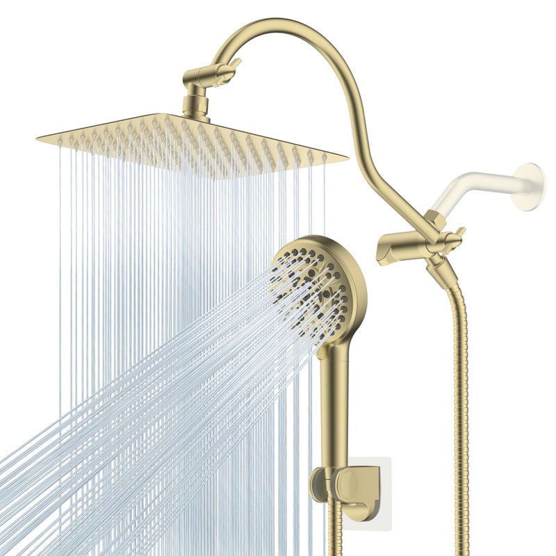 Hibbent All Metal Shower Head 10 High Pressure Rainfall Shower HeadHandheld Showerhead Combo with 12 Adjustable Curved Shower Extension Arm 10Spray 71 Hose Showerhead Holder Brushed Gold