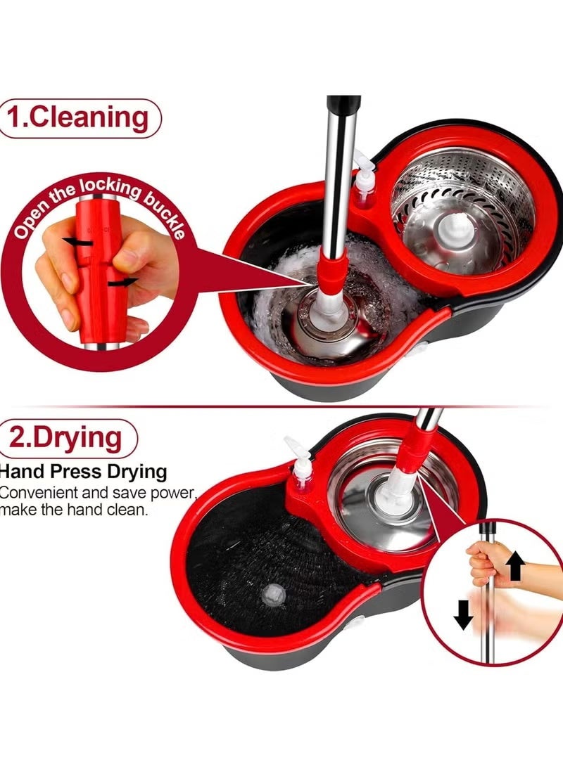 Premium Quality 360° Easy Spin Mop And Bucket Set | Stainless Steel Extended Handle with 2 Microfiber Washable Mop Heads | Home & Kitchen Floor Cleaning Bucket with Easy Press Wringer (Black) - Image 4