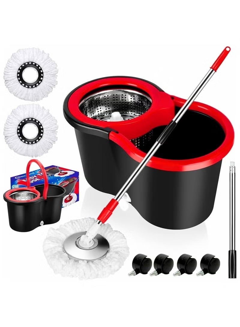 Premium Quality 360° Easy Spin Mop And Bucket Set Home Cleaner| Extended Easy Press Stainless Steel Handle -2 pcs Microfiber Washable Mop with Dryer Basket For Home Kitchen Floor Cleaning (BLACK) - Image 1
