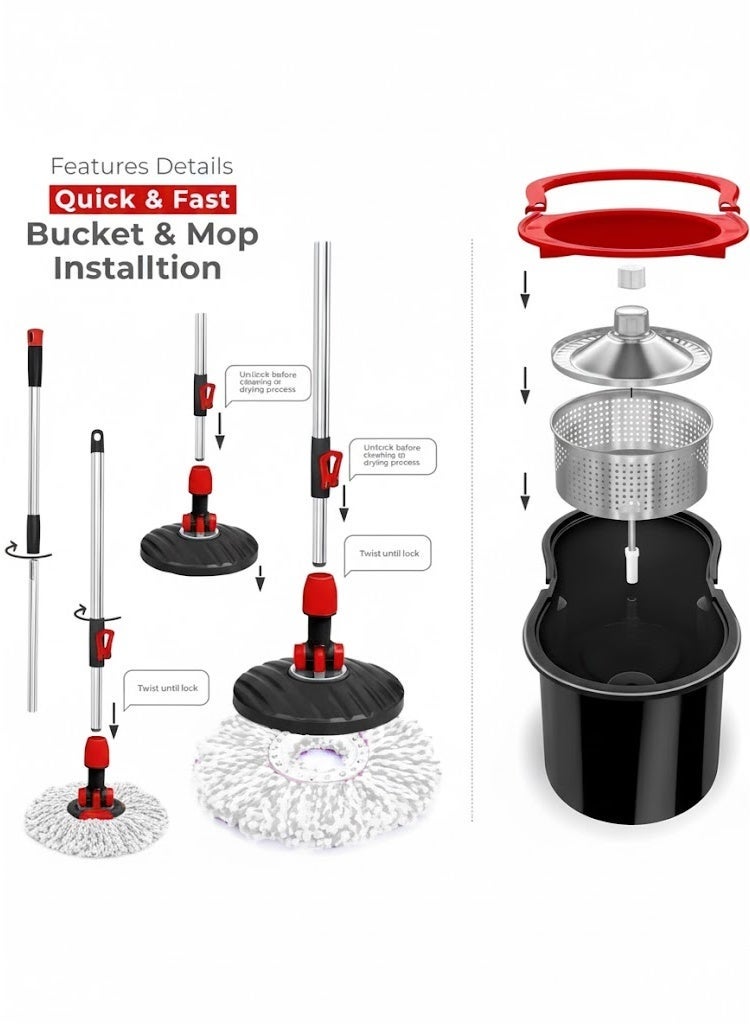 Premium Quality 360° Easy Spin Mop And Bucket Set Home Cleaner| Extended Easy Press Stainless Steel Handle -2 pcs Microfiber Washable Mop with Dryer Basket For Home Kitchen Floor Cleaning (BLACK) - Image 3