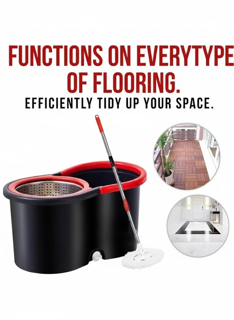 Premium Quality 360° Easy Spin Mop And Bucket Set Home Cleaner| Extended Easy Press Stainless Steel Handle -2 pcs Microfiber Washable Mop with Dryer Basket For Home Kitchen Floor Cleaning (BLACK) - Image 5