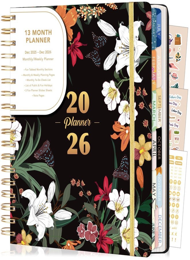 CAGIE 2026 Monthly Planners from December 2025 to December 2026 Hardcover Spiral Bound Calendar Floarl Planner for Women with Stickers, Elastic Closure, Inner Pocket 8.3 x 9.1, Black - Image 1