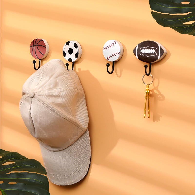 Marsui 4 Pcs Baseball Football Soccer Basketball Coat Hooks with 8 Screws, 2 Inch Sports Fan Themed Coat Hook Towel Hanger Storage Wood Metal Wall Art Sport Wall Mounted Decor(Single Hook) - Image 4