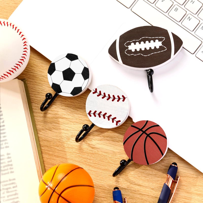 Marsui 4 Pcs Baseball Football Soccer Basketball Coat Hooks with 8 Screws, 2 Inch Sports Fan Themed Coat Hook Towel Hanger Storage Wood Metal Wall Art Sport Wall Mounted Decor(Single Hook) - Image 3