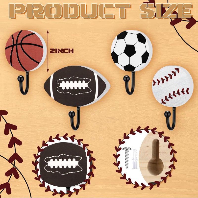 Marsui 4 Pcs Baseball Football Soccer Basketball Coat Hooks with 8 Screws, 2 Inch Sports Fan Themed Coat Hook Towel Hanger Storage Wood Metal Wall Art Sport Wall Mounted Decor(Single Hook) - Image 2