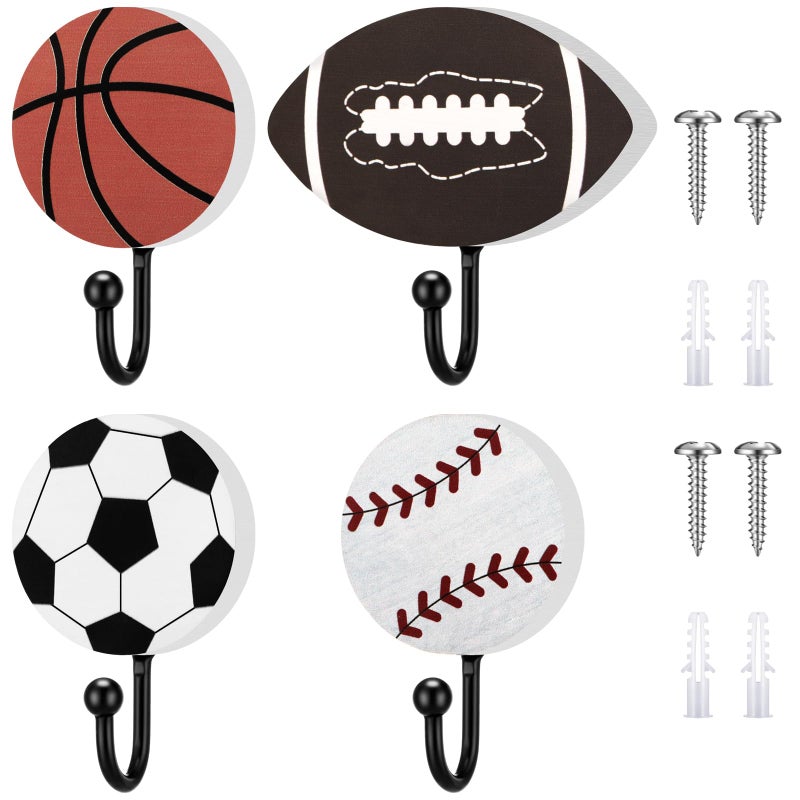 Marsui 4 Pcs Baseball Football Soccer Basketball Coat Hooks with 8 Screws, 2 Inch Sports Fan Themed Coat Hook Towel Hanger Storage Wood Metal Wall Art Sport Wall Mounted Decor(Single Hook) - Image 1