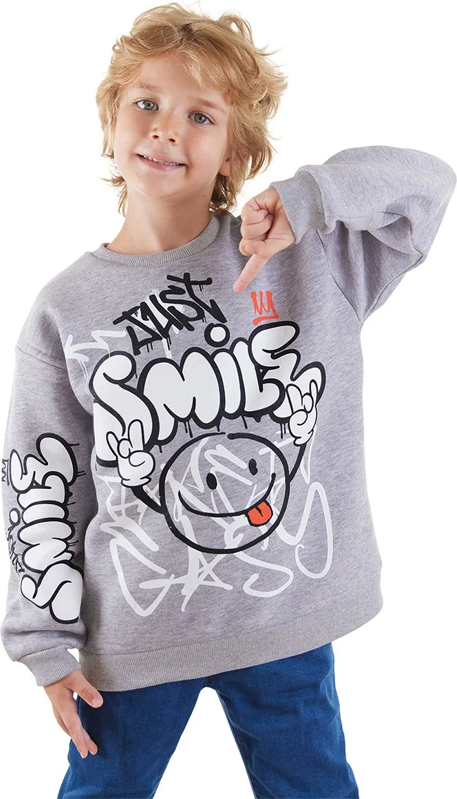 Denokids Just Smile Boy Gray Sweatshirt