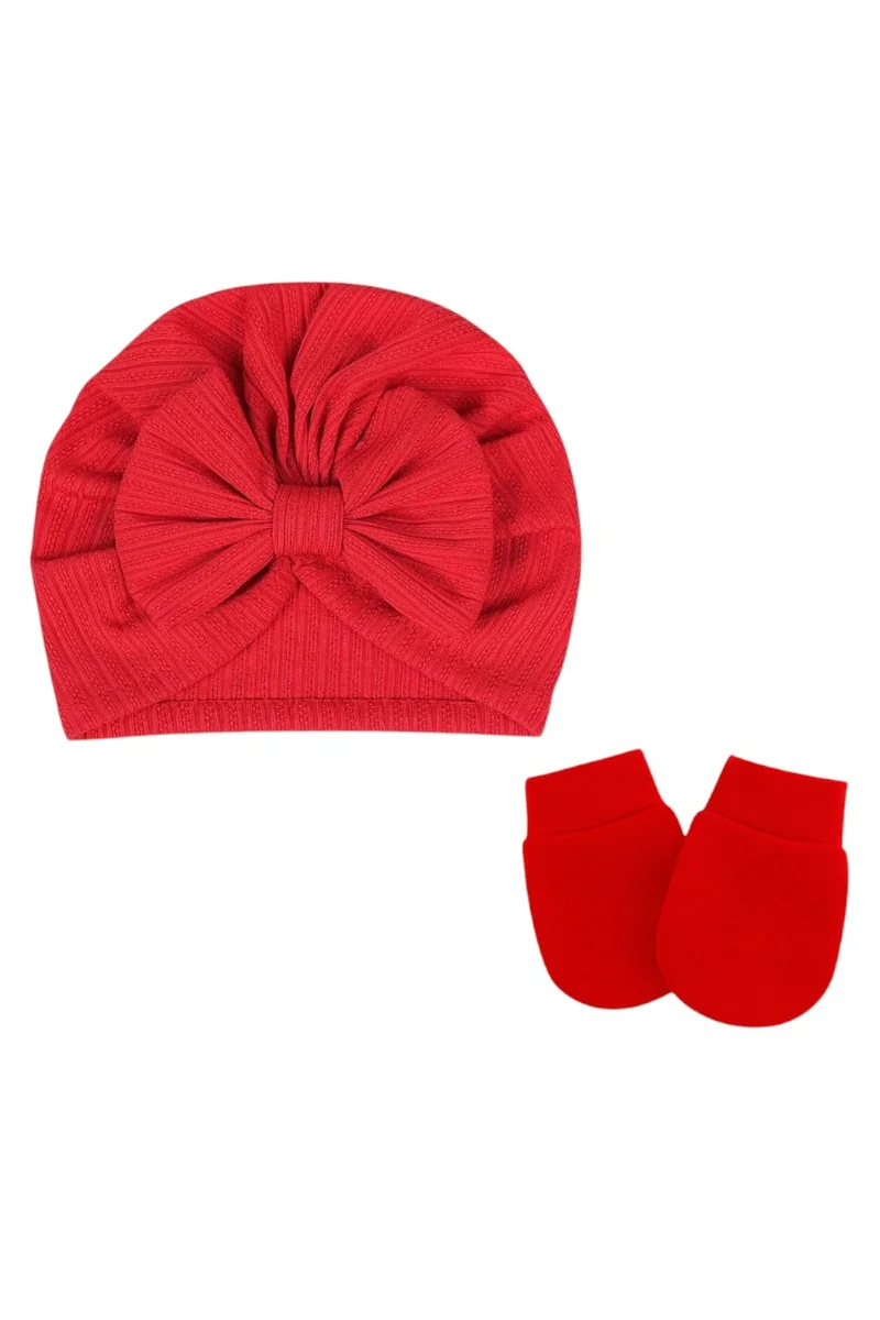 Bambimici Babybow Turban Hat And Mittens Red